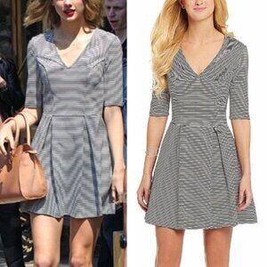 Guess Striped Plunge V-Neck Skater Mini Dress M Black White